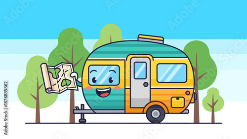 Happy Camper Van Planning Road Trip Adventure With Folded Map Illustration