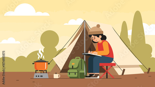 Girl Writing In A Notebook During Camping Vacation In A Natural Environment