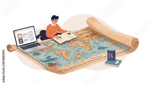 Global Adventure Planning A Man's Journey With Old Map And Modern Technology