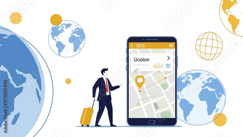 Global Business Trip Man With Suitcase Using Mobile Travel Navigation App