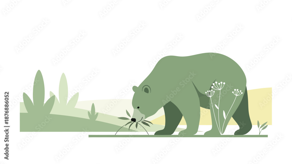 Obraz premium Green Bear Sniffing Flower In Field Vector Illustration Minimalist Style
