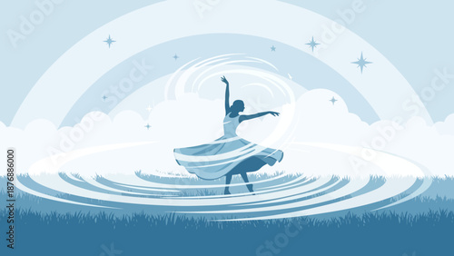 Graceful Dancer Unleashing Creative Energy in Serene Sky and Water Landscape