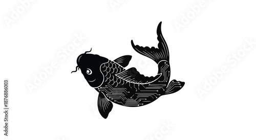 Stylized black koi fish illustration with intricate patterns on a white background