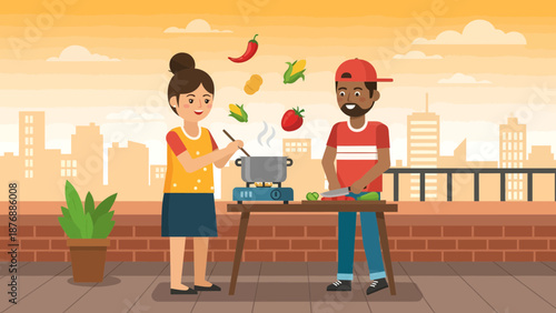Happy Couple Cooking Healthy Meal Together On A Sunny City Rooftop Terrace