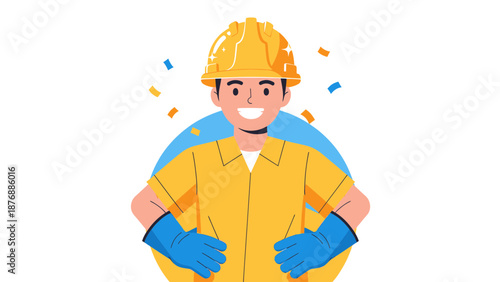 Happy Construction Worker Wearing Hard Hat And Gloves Smiling Proudly