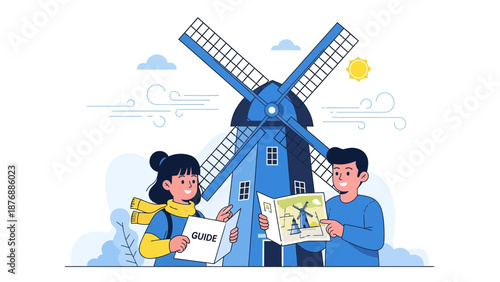 Happy Couple Exploring Dutch Countryside With Traditional Windmill Landmark