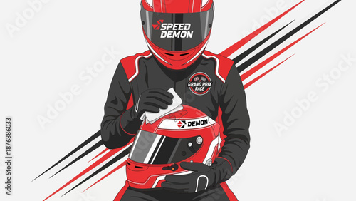 Grand Prix Driver Preparing Helmet Before The Speed Race Vector Illustration