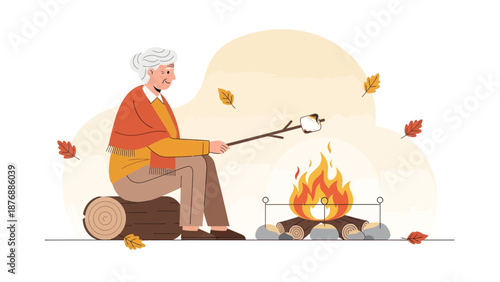 Grandmother Toasting Marshmallow By Bonfire During Autumn Holiday Illustration
