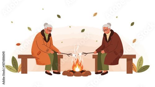 Grandmothers Enjoying Marshmallow Roasting By Bonfire Outdoors With Falling Leaves