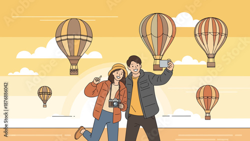 Happy Couple Taking A Picture With Hot Air Balloon On Yellow Sunny Day