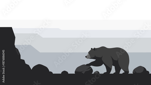 Graphic Bear Illustration In The Wilderness Landscape With Mountain Cliffs