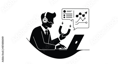 Customer service agent attracting leads with a magnet, analyzing data on a laptop.