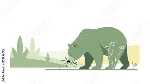Green Bear Sniffing Flower In Field Vector Illustration Minimalist Style