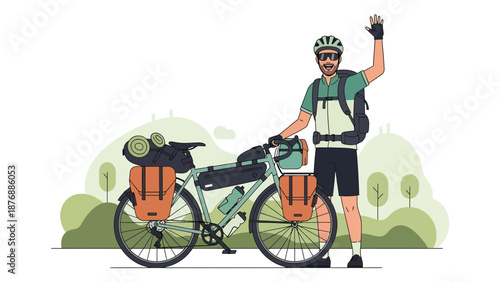 Happy Cyclist Ready For Adventure With His Touring Bike And Gear
