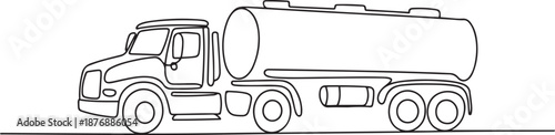 Single continuous line drawing of tanker truck for delivering gasoline to gas station. Heavy diesel container machines equipment concept. one line Icon drawing