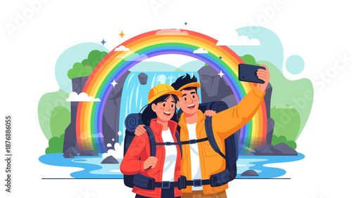 Happy Couple Taking Selfie On Backpacking Trip Near Waterfall And Rainbow