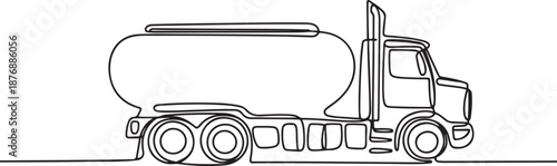 Single continuous line drawing of tanker truck for delivering gasoline to gas station. Heavy diesel container machines equipment concept. one line Icon drawing