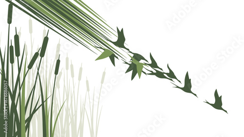 Graphic Representation Of Migrating Birds Across The Marshland Illustration