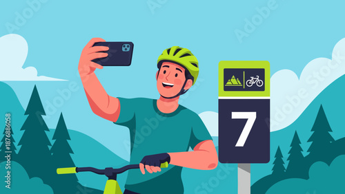 Happy Cyclist Taking A Selfie On A Mountain Trail With Scenic Background