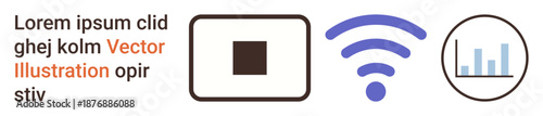 Wireless communication, technology processes, data analysis, internet, digital trends, business applications. Elements include a wireless signal, bar chart and square block. Wireless communication