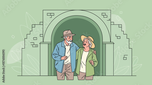 Happy Elderly Couple Exploring Architecture On Vacation Together In A Cartoon Style