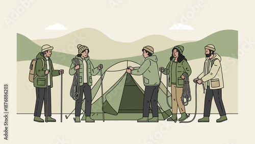 Group Of Friends Camping In Nature Setting Up A Tent Together