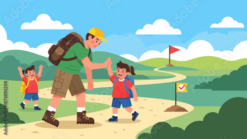 Happy Family Hiking Together Through Picturesque Green Hills Landscape Vector Illustration