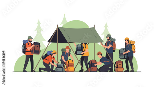 Group Of Friends Camping And Putting Up A Tent In The Wilderness Adventure