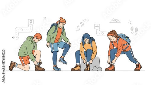 Group Of Friends Enjoying A Hiking Adventure Tying Shoelaces Getting Ready
