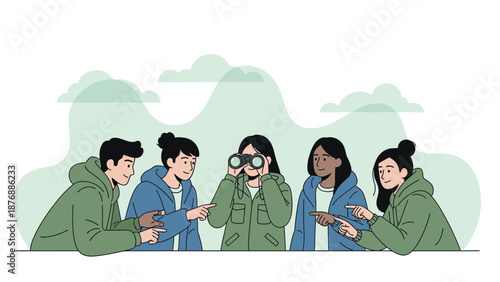 Group Of Friends Exploring Nature With Binoculars And Pointing In The Distance