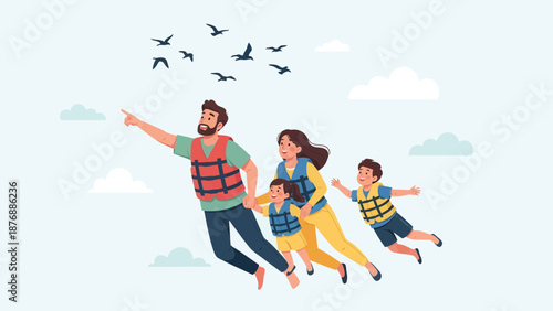 Happy Family With Life Vests Imagining Flying Together In The Sky With Birds