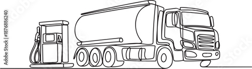 Single continuous line drawing of tanker truck for delivering gasoline to gas station. Heavy diesel container machines equipment concept. one line Icon drawing