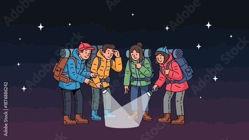 Group Of Friends Exploring The Outdoors At Night With Backpacks And Flashlights