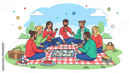 Group Of Friends Play Board Game On Picnic Blanket Sharing Fun Relaxing Moments Outdoors