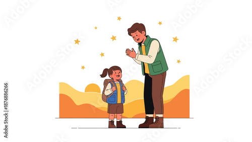 Happy Father Encouraging Daughter Going On Adventure Trip At Nature Landscape