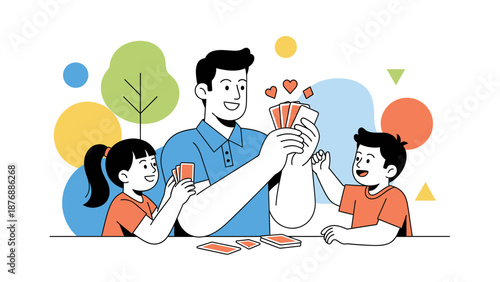 Happy Family Playing Card Games Together In Colorful Cartoon Illustration Style