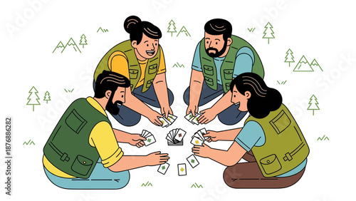 Group Of Friends Playing Cards Together On A Camping Trip Vacation Trip