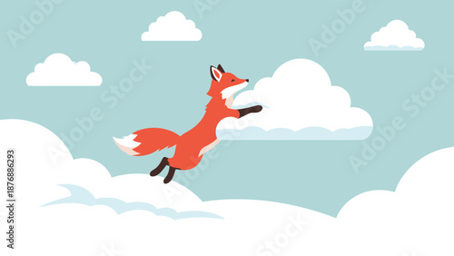 Happy Fox Character Jumping Above Clouds, Animated Sky Adventure, Cute Illustration