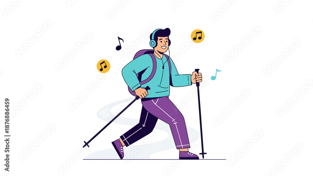 custom made wallpaper toronto digitalHappy Hiker Enjoying Music On A Trail Using Trekking Poles With Backpack