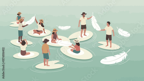 Group Of People Standing On Lily Pads Enjoying Nature And Holding Feathers