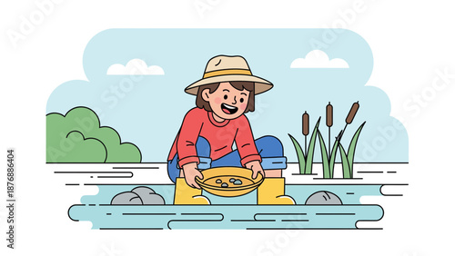 Happy Girl Prospecting For Treasure With Pan In Stream Illustration