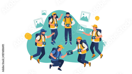 Group Of Photographers Capturing Landscapes On A Collaborative Journey Together