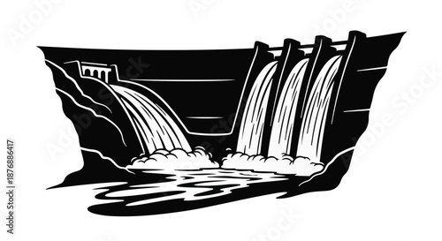 Massive concrete dam with powerful water cascades flowing into a turbulent river below