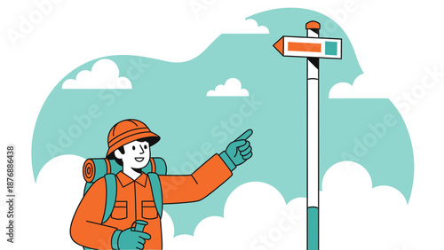 Happy Hiker Finds His Way With Signpost In Hand Drawn Style Illustration