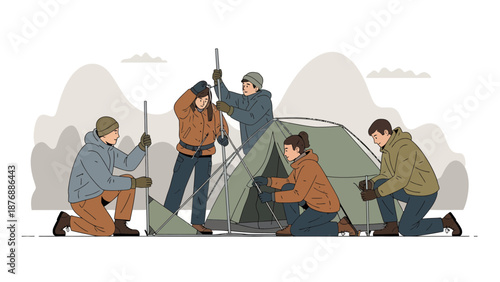Group Of Young Adults Assembling Tent Together In Mountainous Landscape