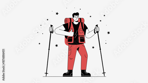 Happy Hiker Man With Backpack, Thumbs Up and Trekking Poles Character Design