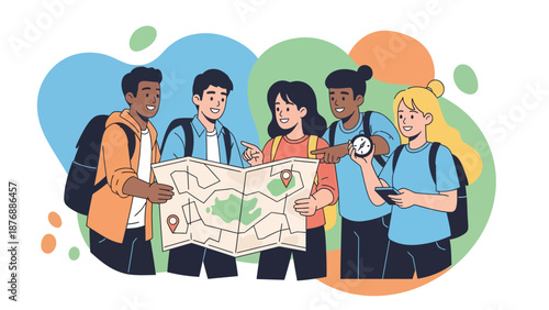 Group Of Young Adult Backpackers Navigate With Old Map And Digital Devices