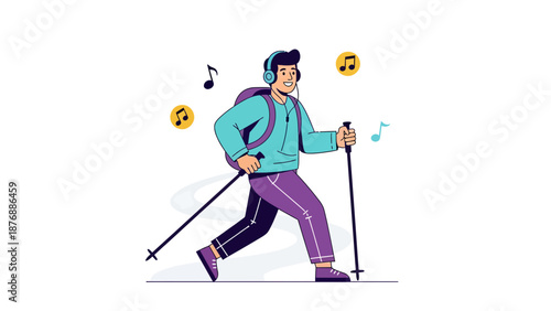 Wallpaper Mural Happy Hiker Enjoying Music On A Trail Using Trekking Poles With Backpack Torontodigital.ca