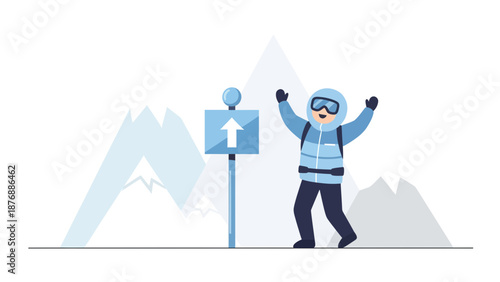 Happy Hiker Reaching Destination With Success Sign In Mountain Adventure