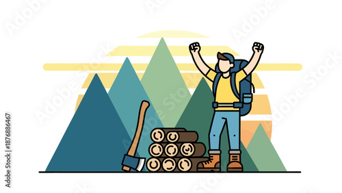 Happy Hiker Reaching Mountain Destination After Cutting Wood For Camping Adventure